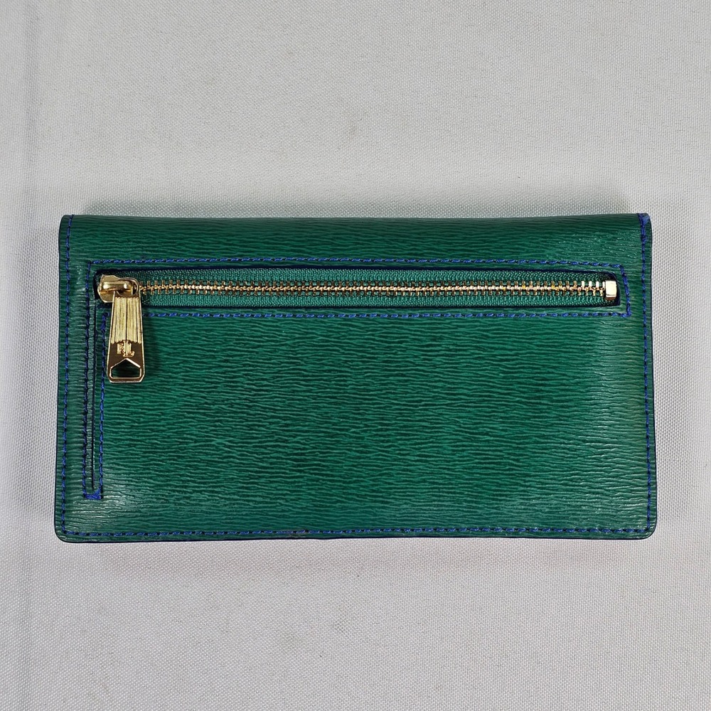 Lauren Ralph Lauren Green Textured Leather Slim Bifold Wallet Blue Stitching - Picture 2 of 10